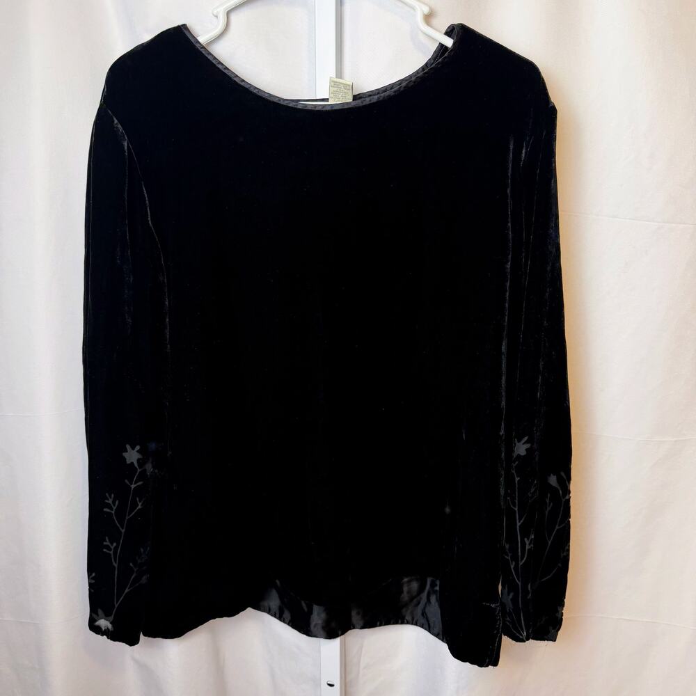 VTG J Jill size L Black Silk Blend Velvet‎ Top Burnout Floral Sleeve Office Goth